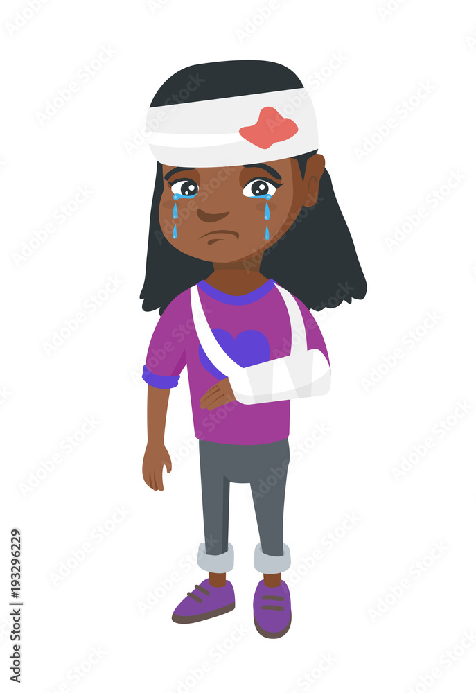 African-american injured girl with broken arm and bandaged head. Crying  little girl having head and arm injury. Vector sketch cartoon illustration  isolated on white background. Stock Vector | Adobe Stock