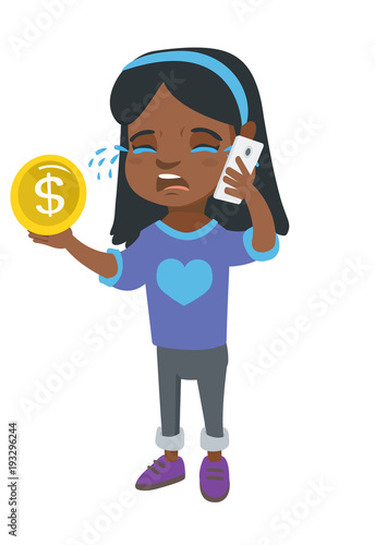 African girl crying while talking on smartphone and holding gold coin in hand. Little business woman with smartphone and golden coin. Vector sketch cartoon illustration isolated on white background