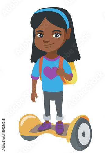 Joyful african schoolgirl riding on self-balancing electric scooter. Happy schoolgirl with backpack riding on gyroscooter to school. Vector sketch cartoon illustration isolated on white background.