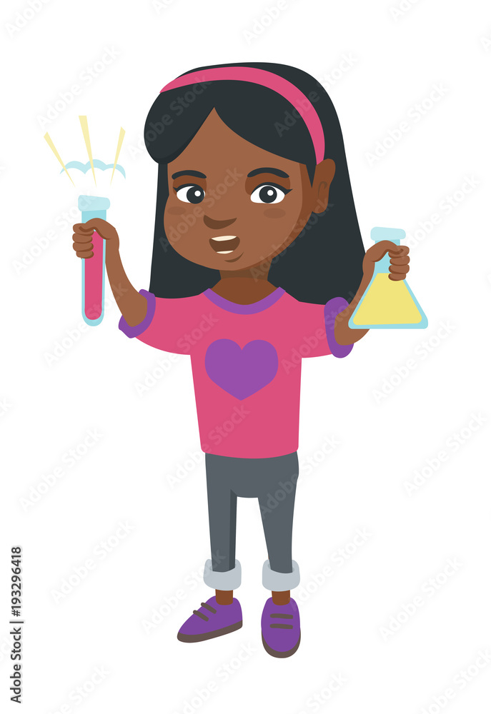 Little african girl holding test tube and beaker with chemical reagents. Full length of happy girl with flask and test tube in hands. Vector sketch cartoon illustration isolated on white background. Little african girl holding test tube and beaker with chemical reagents. Full length of happy girl with flask and test tube in hands. Vector sketch cartoon illustration isolated on white background.