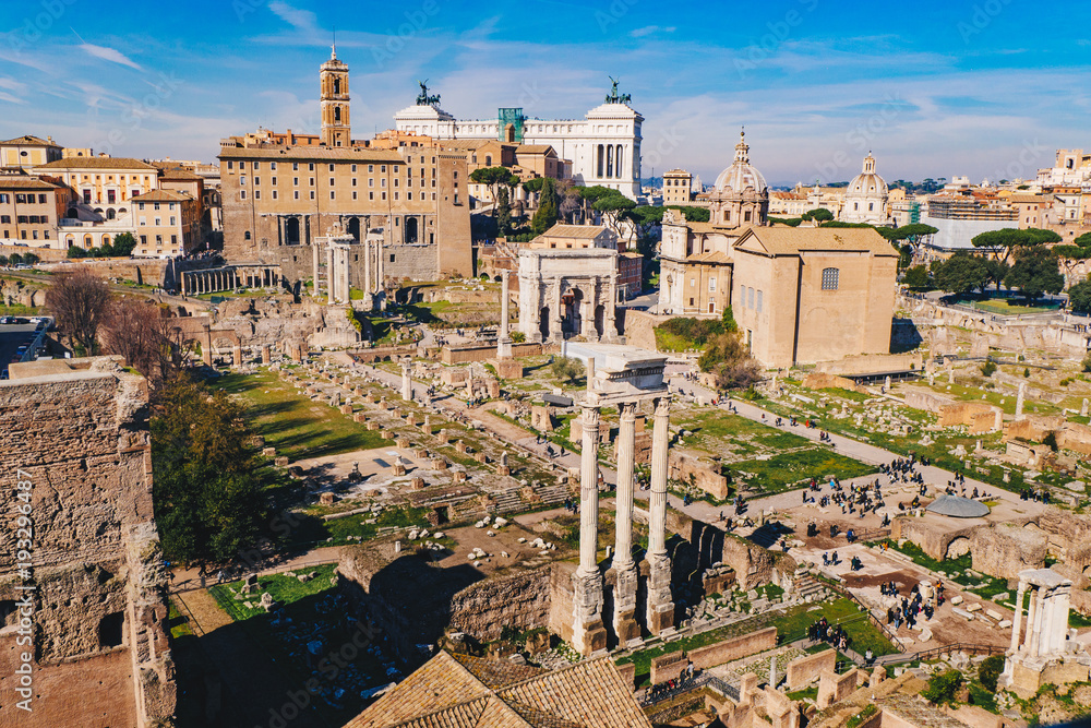 The Roman Forum (Foro Romano) and Roman ruins as seen from the Palatine Hill, Roma, Italy