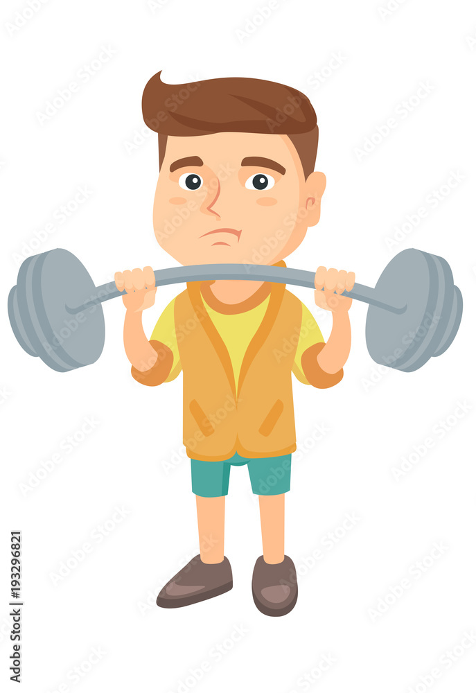 Upset caucasian child lifting a heavy weight barbell. Little sad boy in sportswear training with barbell. Boy trying to lift a barbell. Vector sketch cartoon illustration isolated on white background. Upset caucasian child lifting a heavy weight barbell. Little sad boy in sportswear training with barbell. Boy trying to lift a barbell. Vector sketch cartoon illustration isolated on white background.