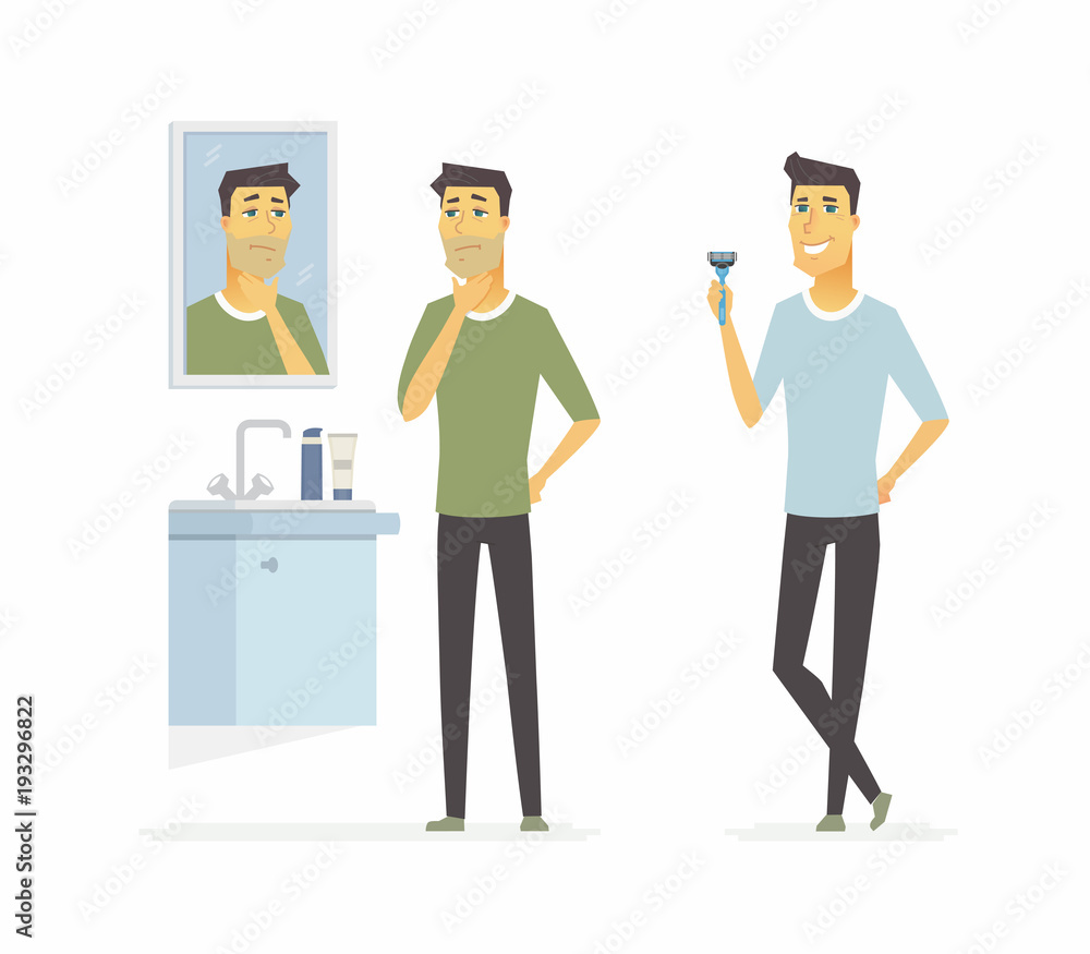 Man before and after shaving - cartoon people character isolated illustration