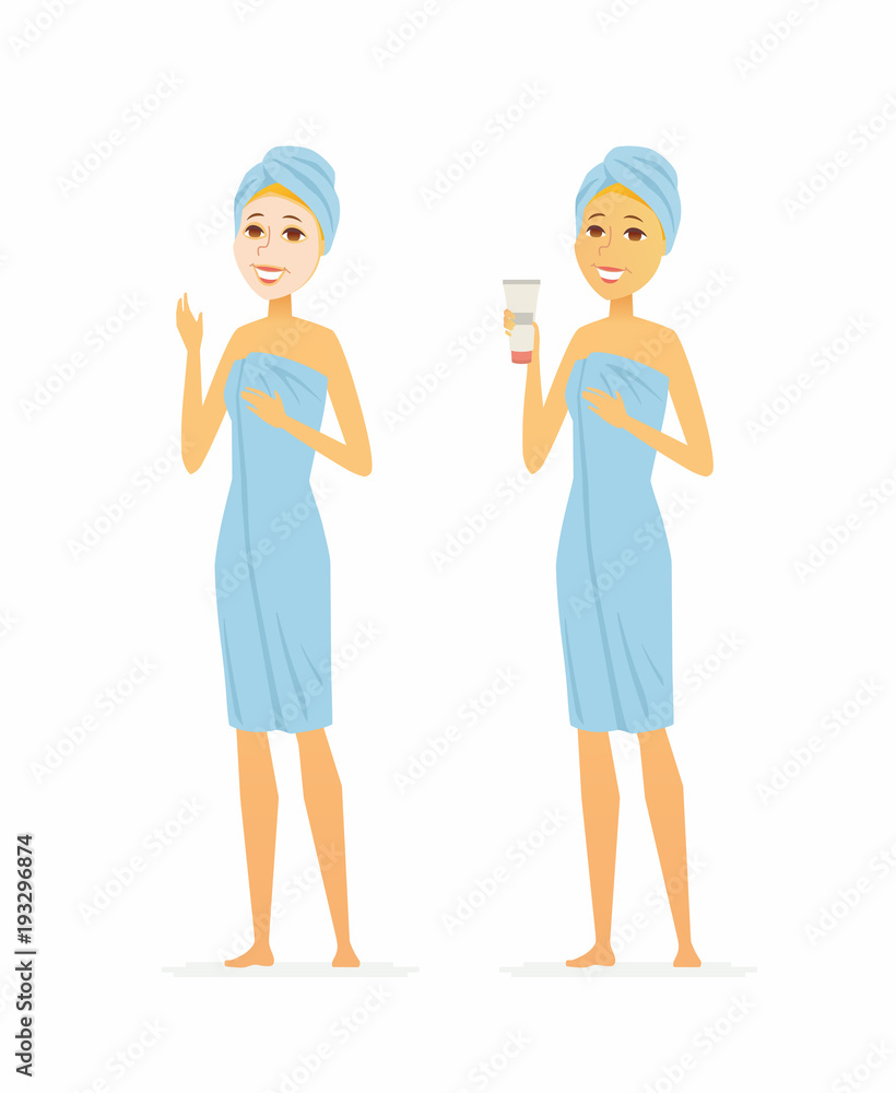 Young woman using face mask - cartoon people character isolated illustration Young woman using face mask - cartoon people character isolated illustration