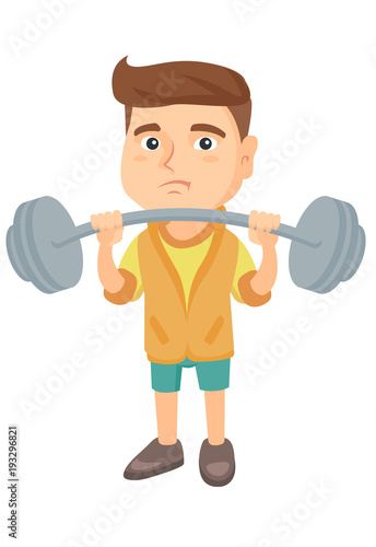 Upset caucasian child lifting a heavy weight barbell. Little sad boy in sportswear training with barbell. Boy trying to lift a barbell. Vector sketch cartoon illustration isolated on white background.
