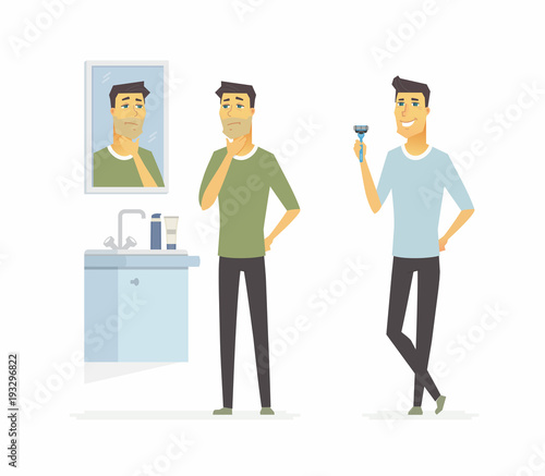 Man before and after shaving - cartoon people character isolated illustration
