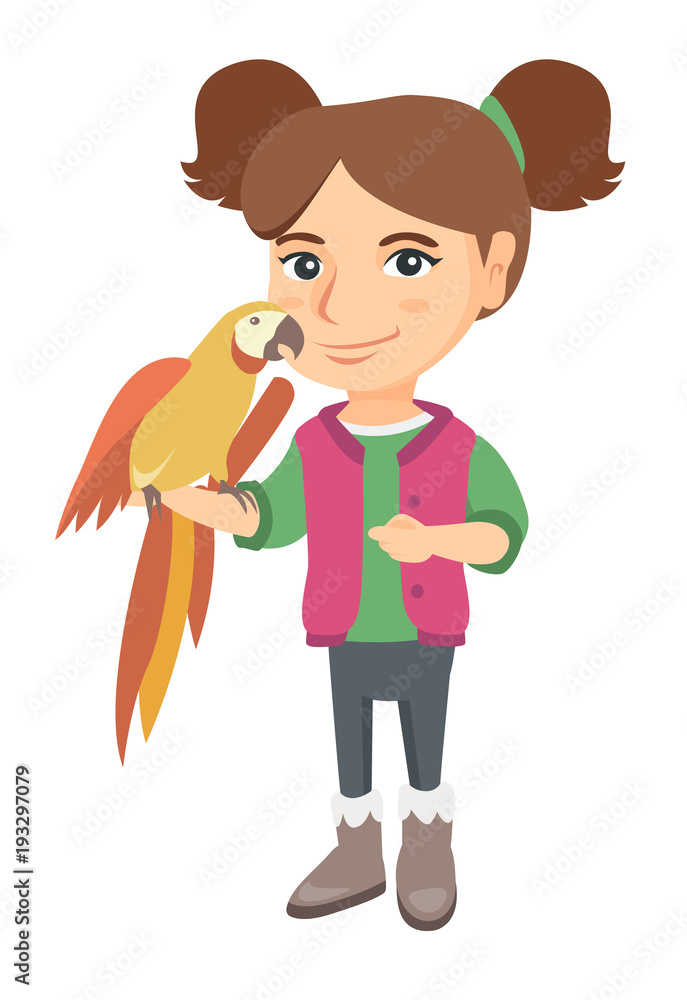 Caucasian smiling girl playing with her pet parrot. Full length of little girl holding parrot on her hand. Vector sketch cartoon illustration isolated on white background. Caucasian smiling girl playing with her pet parrot. Full length of little girl holding parrot on her hand. Vector sketch cartoon illustration isolated on white background.