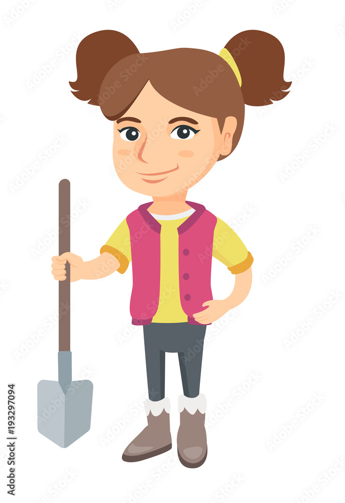 Caucasian smiling girl holding a shovel. Full length of little girl farmer in jeans standing with a shovel. Vector sketch cartoon illustration isolated on white background. Caucasian smiling girl holding a shovel. Full length of little girl farmer in jeans standing with a shovel. Vector sketch cartoon illustration isolated on white background.