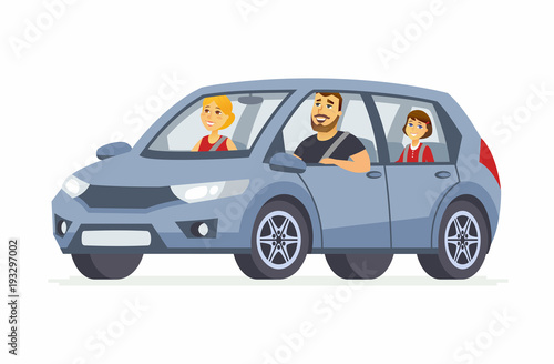 Family in the car - cartoon people character isolated illustration