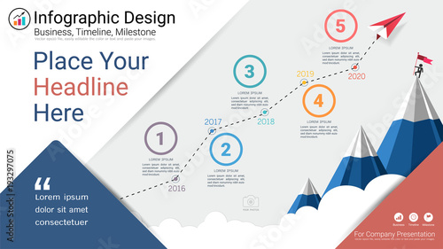Business infographics template, Milestone timeline or Road map with Process flowchart 5 options, Strategic plan to define company values, Scheduling in project management to make facts and statistics.
