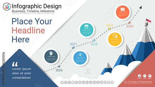 Business infographics template, Milestone timeline or Road map with Process flowchart 5 options, Strategic plan to define company values, Scheduling in project management to make facts and statistics.