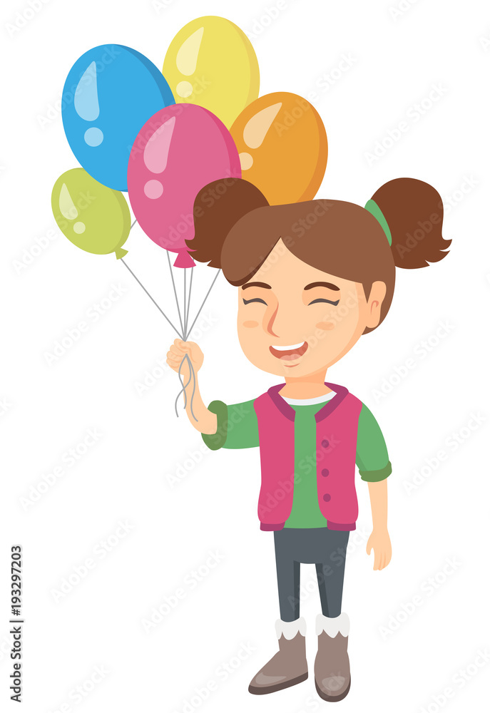 Caucasian smiling happy girl with the bunch of colorful air balloons in her hand. Cheerful girl holding the bunch of balloons. Vector sketch cartoon illustration isolated on white background. Caucasian smiling happy girl with the bunch of colorful air balloons in her hand. Cheerful girl holding the bunch of balloons. Vector sketch cartoon illustration isolated on white background.