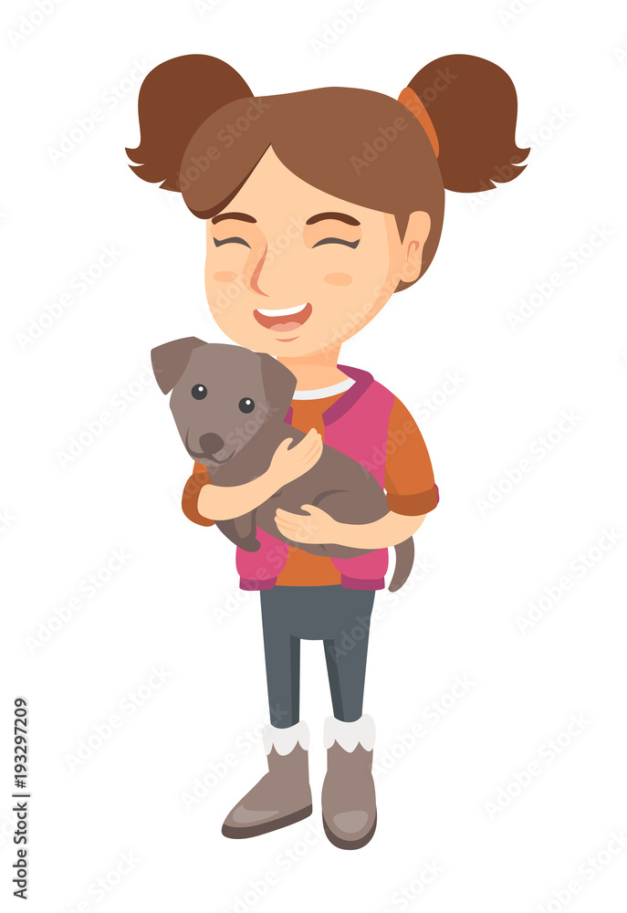 Caucasian happy smiling girl holding a small dog. Full length of cheerful little girl with a dog in her hands. Vector sketch cartoon illustration isolated on white background.