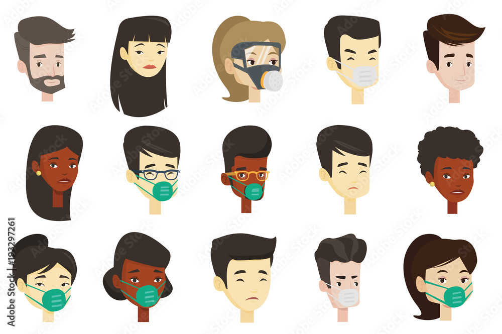 Portraits of young cheerful and sad men and women. Avatars of Caucasian white, African and Asian people in respirators and glasses. Set of vector cartoon illustrations isolated on white background. Portraits of young cheerful and sad men and women. Avatars of Caucasian white, African and Asian people in respirators and glasses. Set of vector cartoon illustrations isolated on white background.