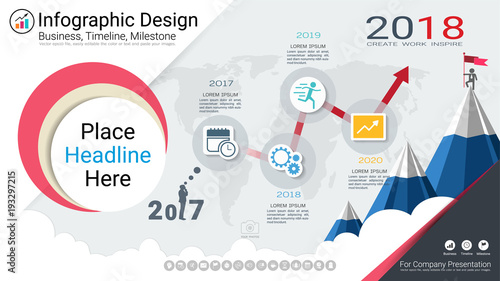 Business infographics template, Milestone timeline or Road map with Process flowchart 4 options, Strategic plan to define company values, Scheduling in project management to make facts and statistics.