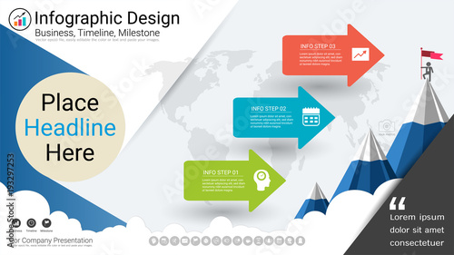 Business infographics template, Milestone timeline or Road map with Process flowchart 3 options, Strategic plan to define company values, Scheduling in project management to make facts and statistics.