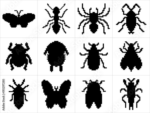 Set of large and detailed icon set of pixel art insects