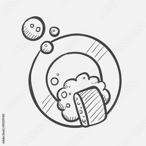 Vector hand drawn Plate and sponge in the foam outline doodle icon. Dish washing sketch illustration for print, web, mobile and infographics isolated on white background.