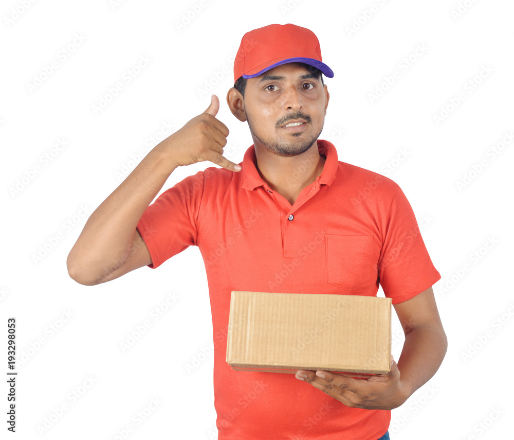 Handsome man holding carton box with calling sign Handsome man holding carton box with calling sign