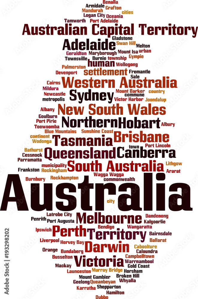 Obraz premium Cities in Australia word cloud