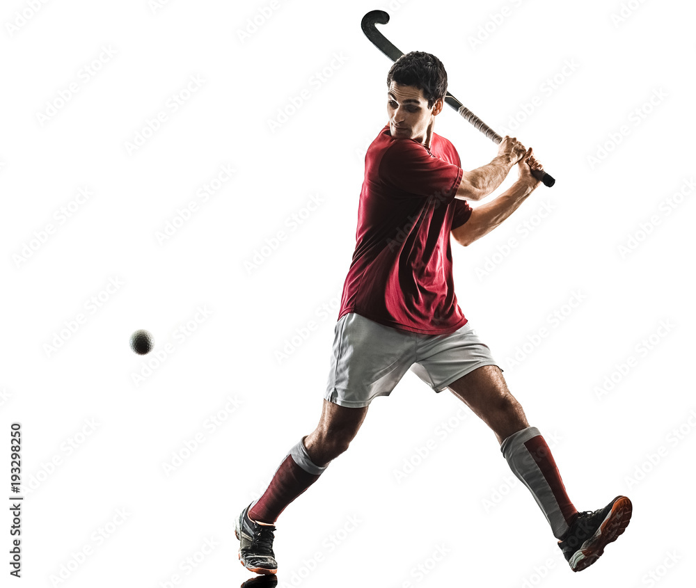 Fototapeta premium one caucasian field hockey player man isolated silhouette on white background