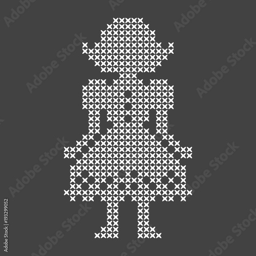 Cross Stitch Embroidery Pattern Girl in Dress Vector Design White on Dark Grey Background