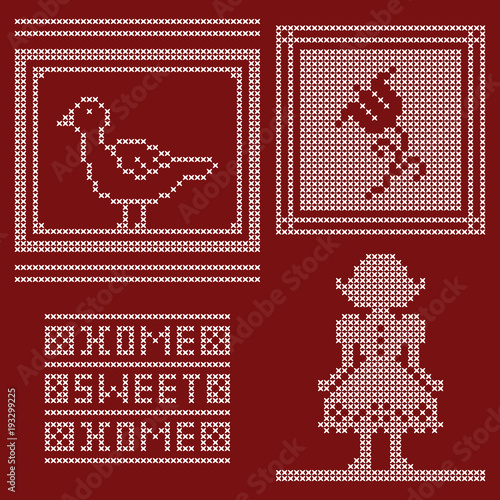 Cross Stitch Pattern Design Set Vector White on Red Background. Flower. Duck. Girl. Home Sweet Home
