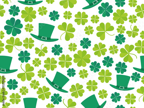 Patrick's Day, seamless pattern with green clover leaves and leprechaun hat. For banner and greeting card. Typography design. Vector illustration