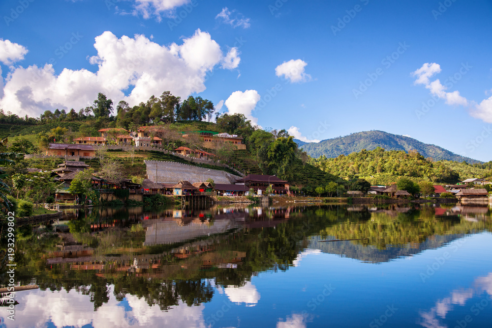 beautiful lake and sky view of village and mountain reflection in meahongson northern of Thailand