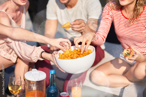 Close up of bowl with snacks at te party photo
