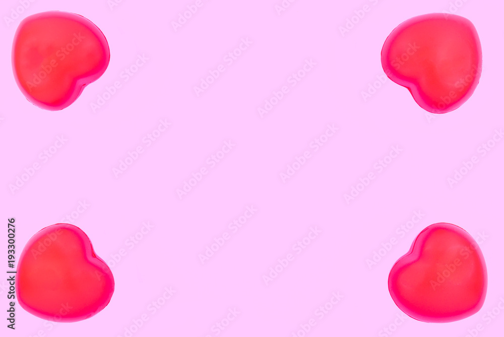 Four Red heart on pink pastel background for valentine day