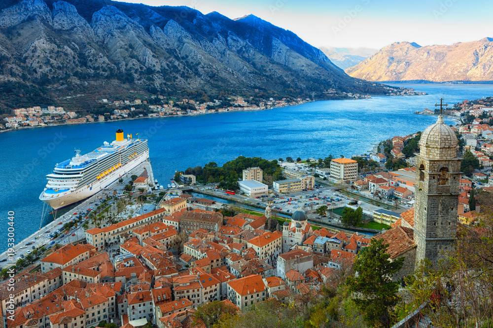 Top view of the old town  and big ship in Kotor, Montenegro