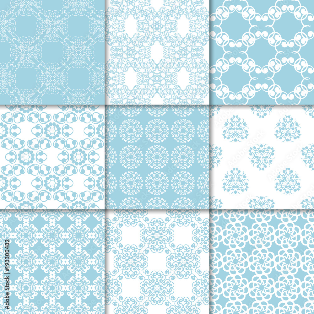 Blue and white floral ornaments. Collection of seamless patterns Blue and white floral ornaments. Collection of seamless patterns