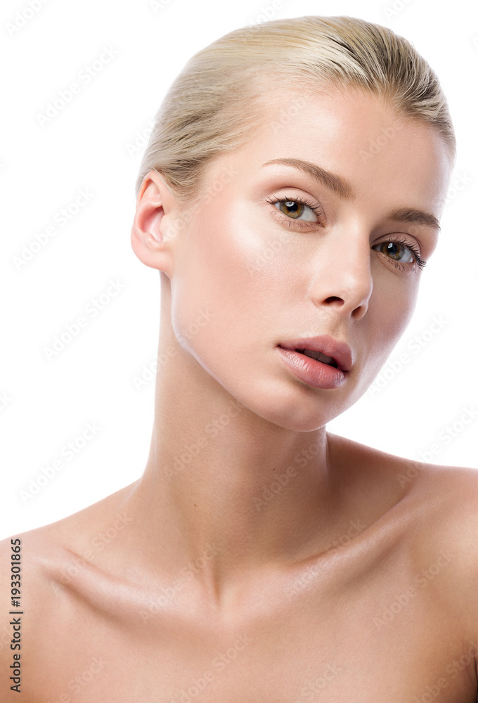Beauty portrait of beautiful young woman isolated on white background. Professional nude makeup Beauty portrait of beautiful young woman isolated on white background. Professional nude makeup