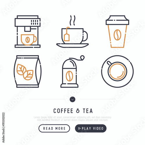 Coffee and tea cooking thin line icons set: coffee machine, cup, take away paper cups, coffee grinder. Modern vector illustration, web page template.