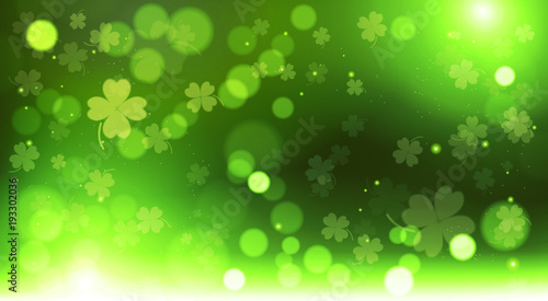 Abstract Bokeh Blur Template Clovers Background, Green Happy Saint Patrick Day Concept Vector Illustration