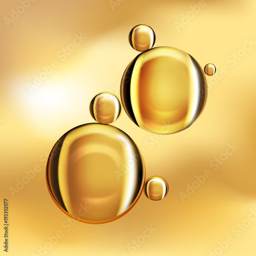 Shining gold oil vector drops on glowing  yellow background. Luxury concept vector Illustration of collagen essence or gold serum droplets for cosmetics, beauty and spa brochure, poster, template