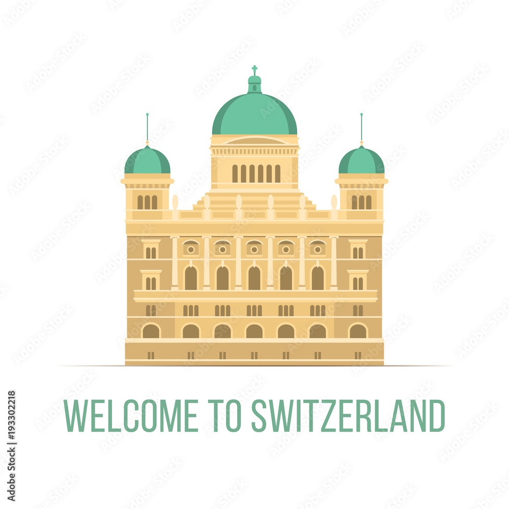 Welcome to Switzerland - vector color illustration Federal Palace icon, travel attraction, flat style design element
