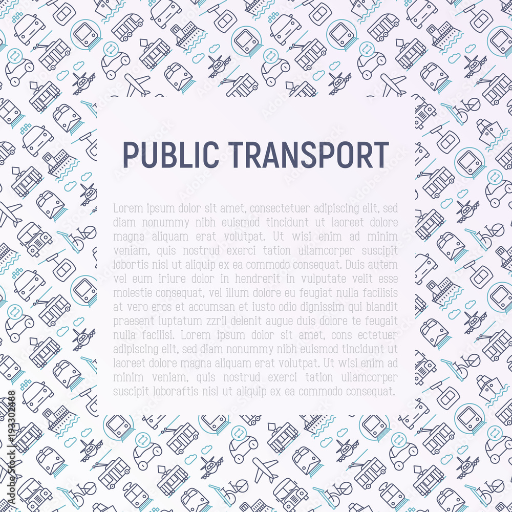 Public transport concept with thin line icons: train, bus, taxi, ship, ferry, trolleybus, tram, car sharing. Front and side view. Modern vector illustration for banner, web page, print media. Public transport concept with thin line icons: train, bus, taxi, ship, ferry, trolleybus, tram, car sharing. Front and side view. Modern vector illustration for banner, web page, print media.