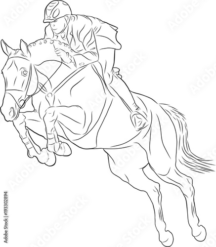 Fototapeta Naklejka Na Ścianę i Meble -  A sketch of a man on a horse is jumping over an obstacle.