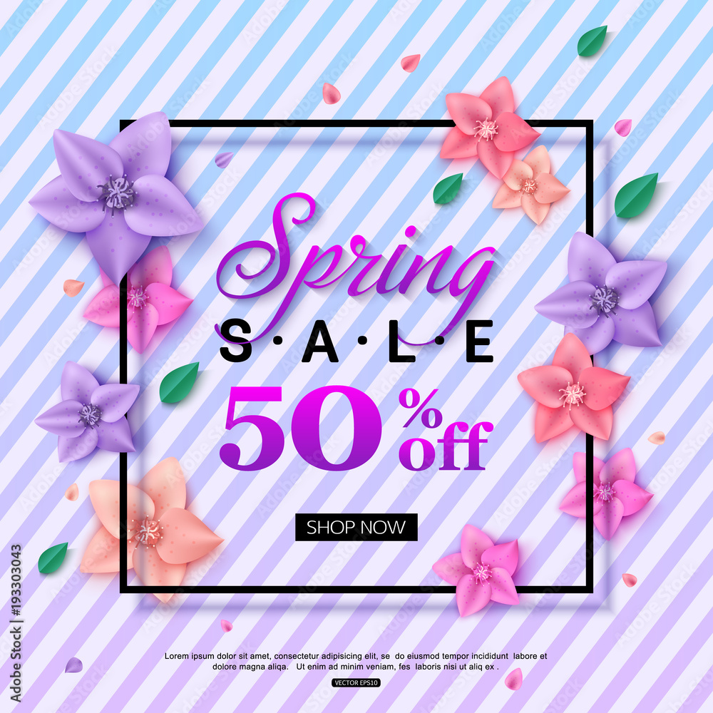 Spring Sale banner design with trend violet flowers on striped background, vector illustration