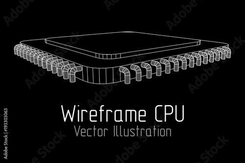 Micro-chip quantum processor, micro-processor with board electronic CPU wireframe low poly mesh vector illustration