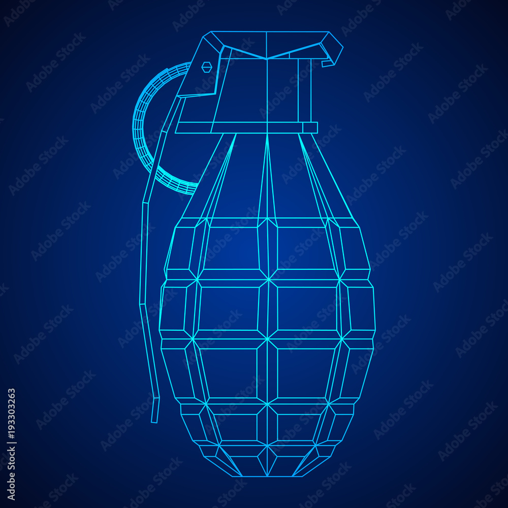 Hand bomb frag grenade wireframe low poly mesh vector illustration Hand bomb frag grenade wireframe low poly mesh vector illustration