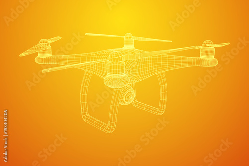 Remote control air drone. Dron flying with action video camera. Wireframe low poly mesh vector illustration