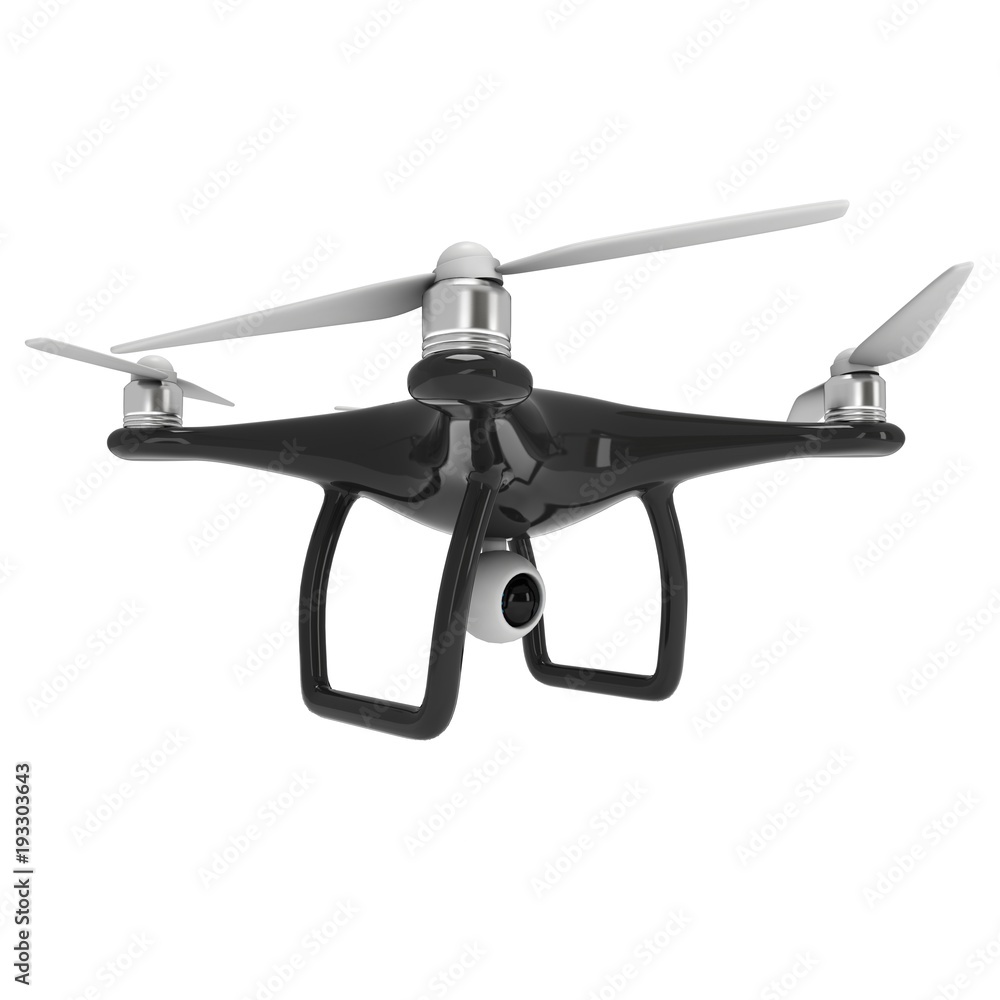 Remote control air drone. Dron flying with action video camera. 3d render Isolated on white background. Remote control air drone. Dron flying with action video camera. 3d render Isolated on white background.