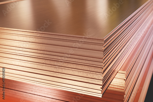 Many copper sheets, warehouse copper plates. 3d illustration.
