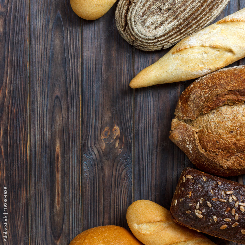 Bakery background, bread assortment. Top view with copy space Bakery background, bread assortment. Top view with copy space