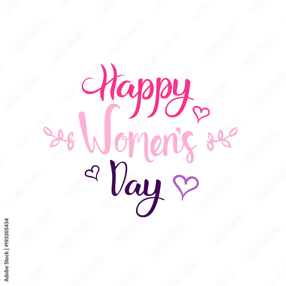 Happy Women Day Badge Creative Pink Lettering Calligraphy On White Background Vector Illustration