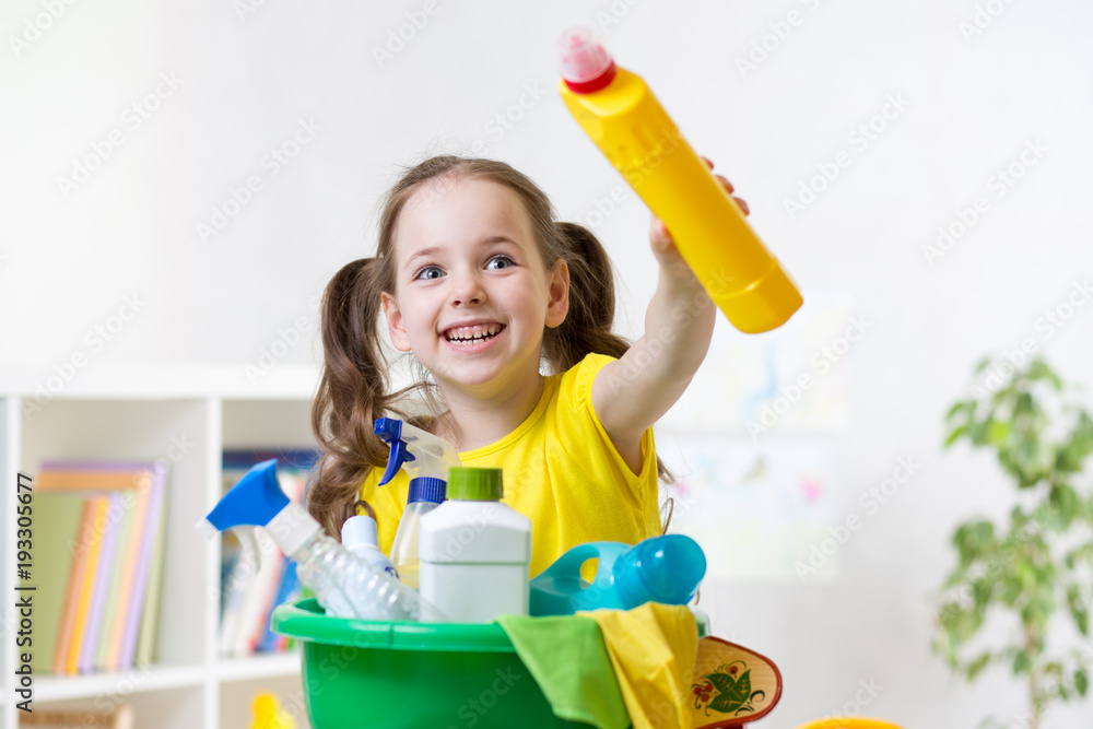 Funny kid girl ready to room cleaning Funny kid girl ready to room cleaning