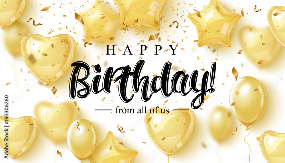 Vector birthday elegant greeting card with gold balloons and falling confetti - obrazy, fototapety, plakaty 